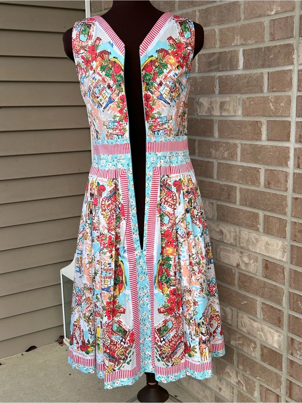 Talbots White Midi Dress with Red & Light Blue Floral Border Print - Picture 6 of 8